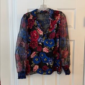 White House Black Market Floral Sheer Blouse - Black, Red, Blue